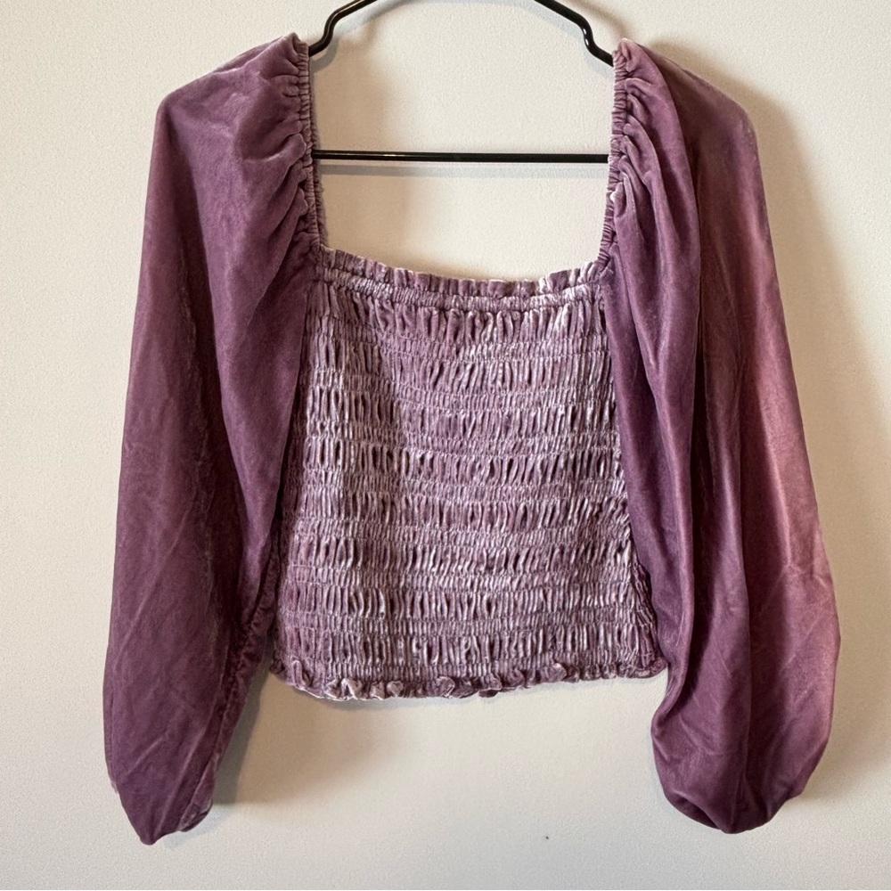 Anthropologie Square-Neck Balloon Sleeve Velvet Smocked Dusty Purple Top Size XS